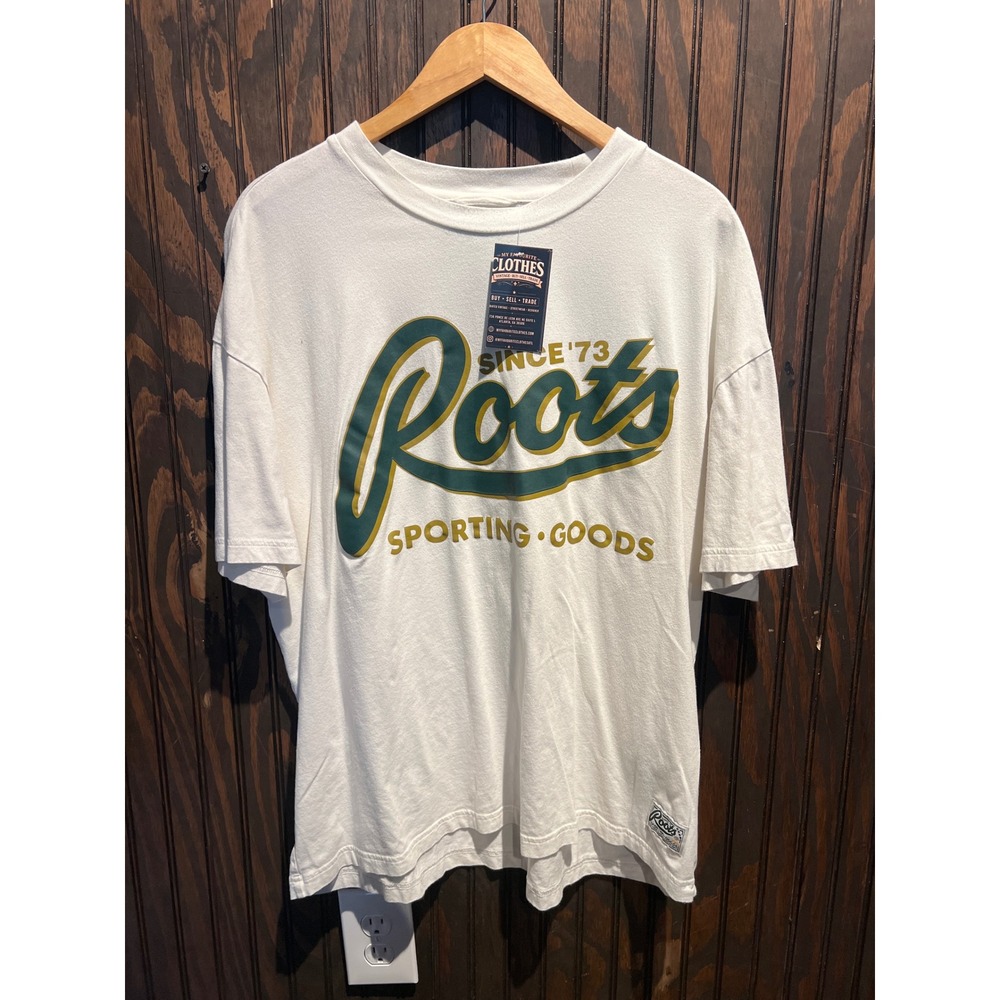 Roots Sporting Goods Graphic T-Shirt White Green Yellow Script Logo Mens XL